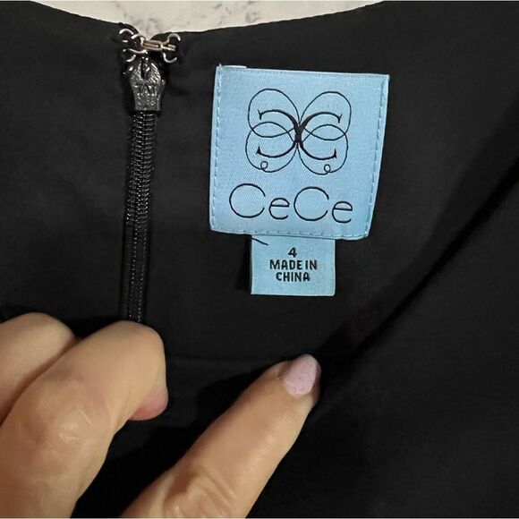 CECE Black 3/4 Sleeve Tie Cuffs Essential Classic Shift Knee Dress Size 4 - Picture 5 of 9